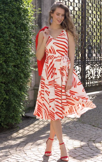 9063 - Size 12, 14 - Michaela Louisa 9063, Vibrant Coral & Cream print A-line dress with V neckline.  Spring/ Summer Collection at The Blessings Occasion Wear Shop - 1 Loyal Parade, Mill Rise, Westdene, Brighton. E. Sussex BN1 5GG. Telephone: 01273 505766.