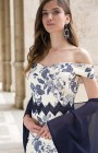 9032 - Size 16 - Michaela Louisa 9032, Navy & Cream Floral print dress with Off the shoulder neckline.  Spring/ Summer Collection at The Blessings Occasion Wear Shop - 1 Loyal Parade, Mill Rise, Westdene, Brighton. E. Sussex BN1 5GG. Telephone: 01273 505766.