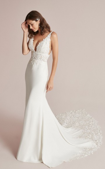 Justin Alexander 88209 Cecile, Fitted lightweight Crepe and Lace dress with V neck bodice and straps. Justin Alexander dresses at Blessings Bridal Boutique Brighton. East Sussex BN1 5GG Telephone: 01273 505766 Email:info@blessingsbridal.co.uk