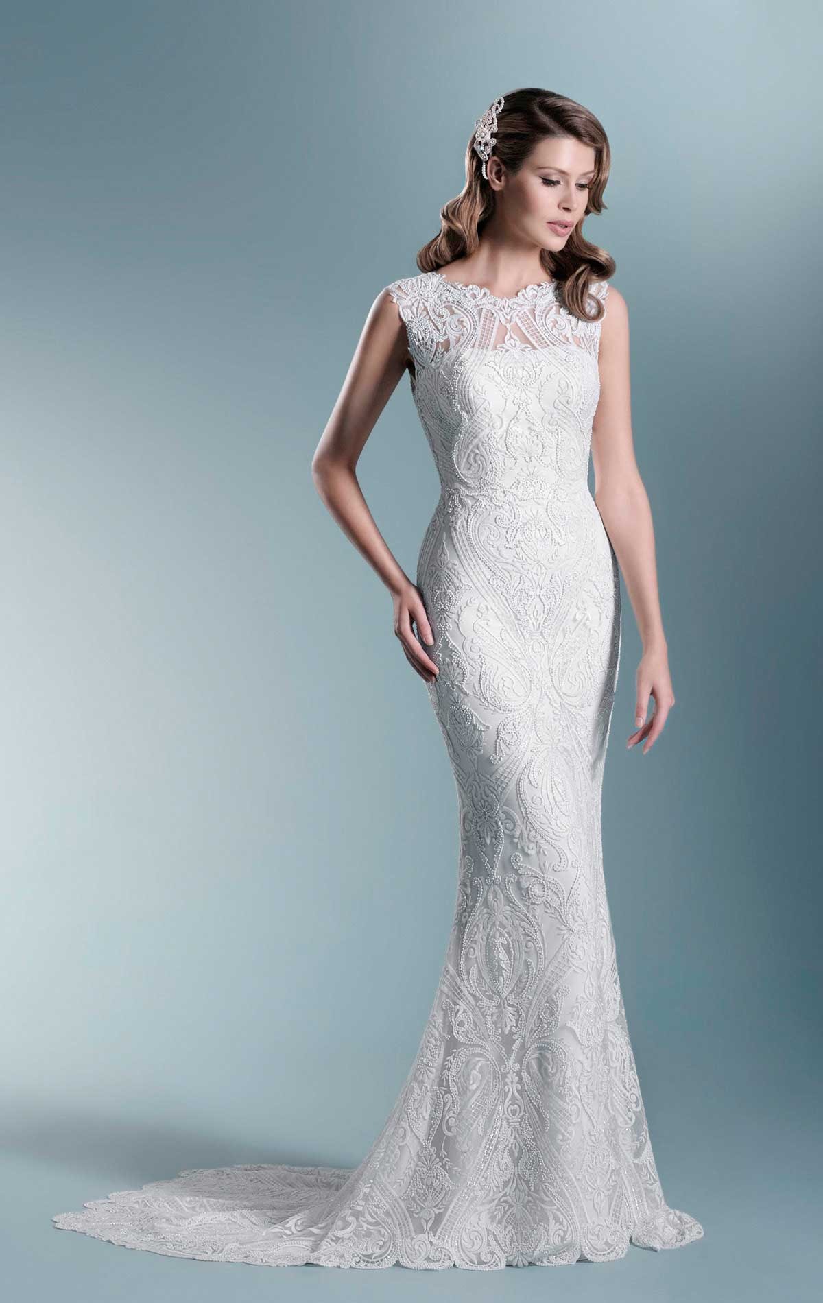 Madeleine - Size 12 - Agnes Bridal- The One TO777, Beautiful Beaded Lace 1940's look Wedding Dress with Low Illusion back & small Puddle Train at Blessings Wedding Dress Boutique, Brighton E.Sussex. BN1 5GG Telephone: 01273 505766