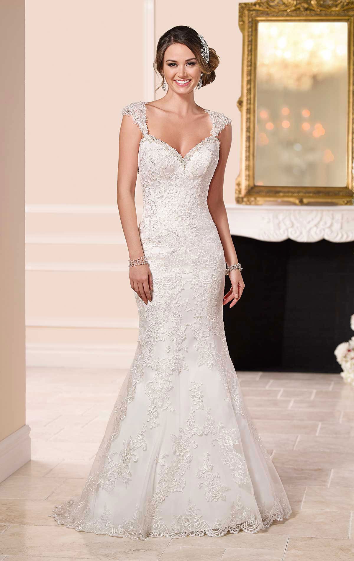 Isadora - Sold - Stella York 6105 1920's look fit and flare beaded lace wedding dress with crystal & diamanté beaded sweetheart neckline & beaded cap sleeve shoulder strap & low back. Sample Dress Now Reduced at Blessings of Brighton Wedding Dress Sample Sale, BN1 5GG. Telephone: 01273 505766. Stella York 6025 Blush Pink slim A-line wedding dress with Tulle skirt and fitted Lace strapless bodice at Blessings of Brighton, BN1 5GG. Telephone: 01273 505766. Blessings Bridal Shop is Situated off the A23/A27 in outer Brighton,  Free Easy Parking.