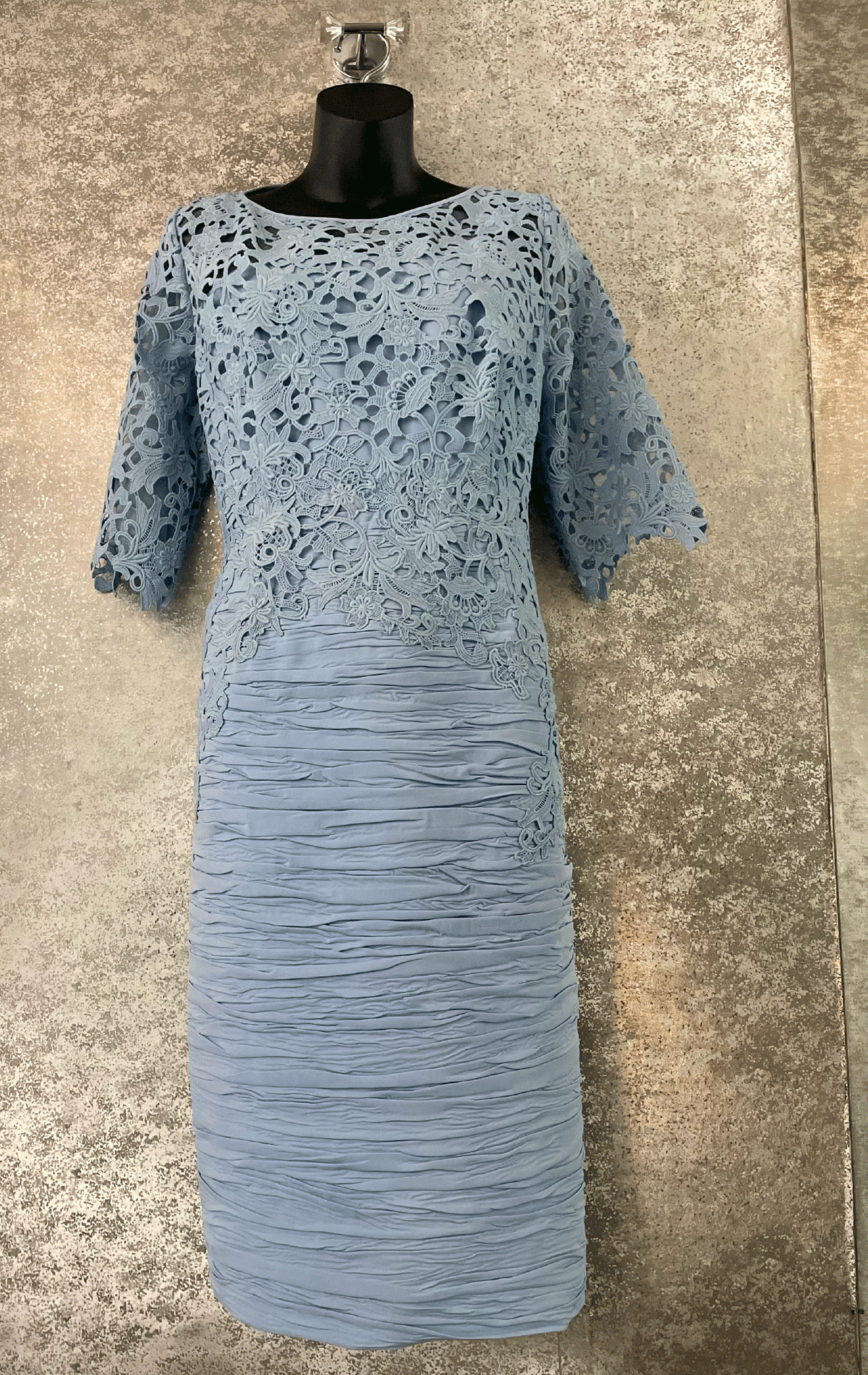 Azul - Size 18 - Cabotine Pale Blue Riuched dress with lace bodice and sleeves - On sale  at Blessings Mother of the bride boutique Brighton East Sussex, BN1 5GG. Telephone: 01273 505766