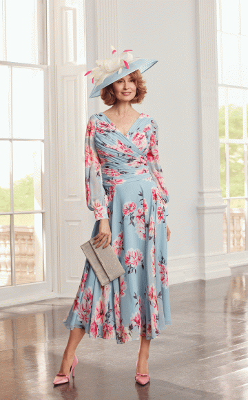 Condici 11392 Stunning Pink & Blue floral print Aline dress with sleeves - Brighton's Leading Stockist of Condici Occasion Dresses - Occasions at Blessings Loyal Parade, Mill Rise, Westdene, Brighton, BN1 5GG Free Easy Parking . T: 01273 505766 E: occasions@blessingsbridal.co.uk