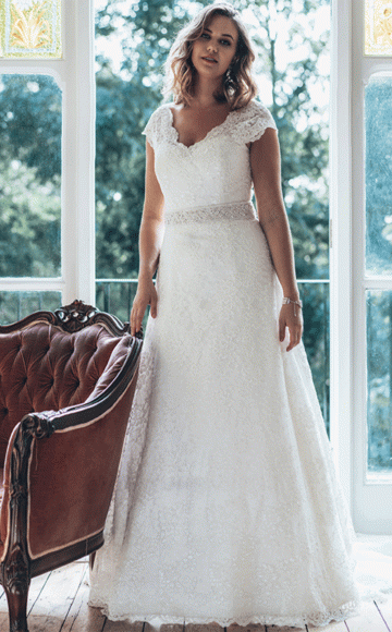 Natural Lace A-line wedding dress with Cap sleeves and High back - Now on sale at Blessings Wedding Dress  Boutique, Brighton. 3 Loyal Parade, Mill Rise, Westdene, Brighton. BN1 5GG T: 01273 505766 E: info@blessingsbridal.co.uk