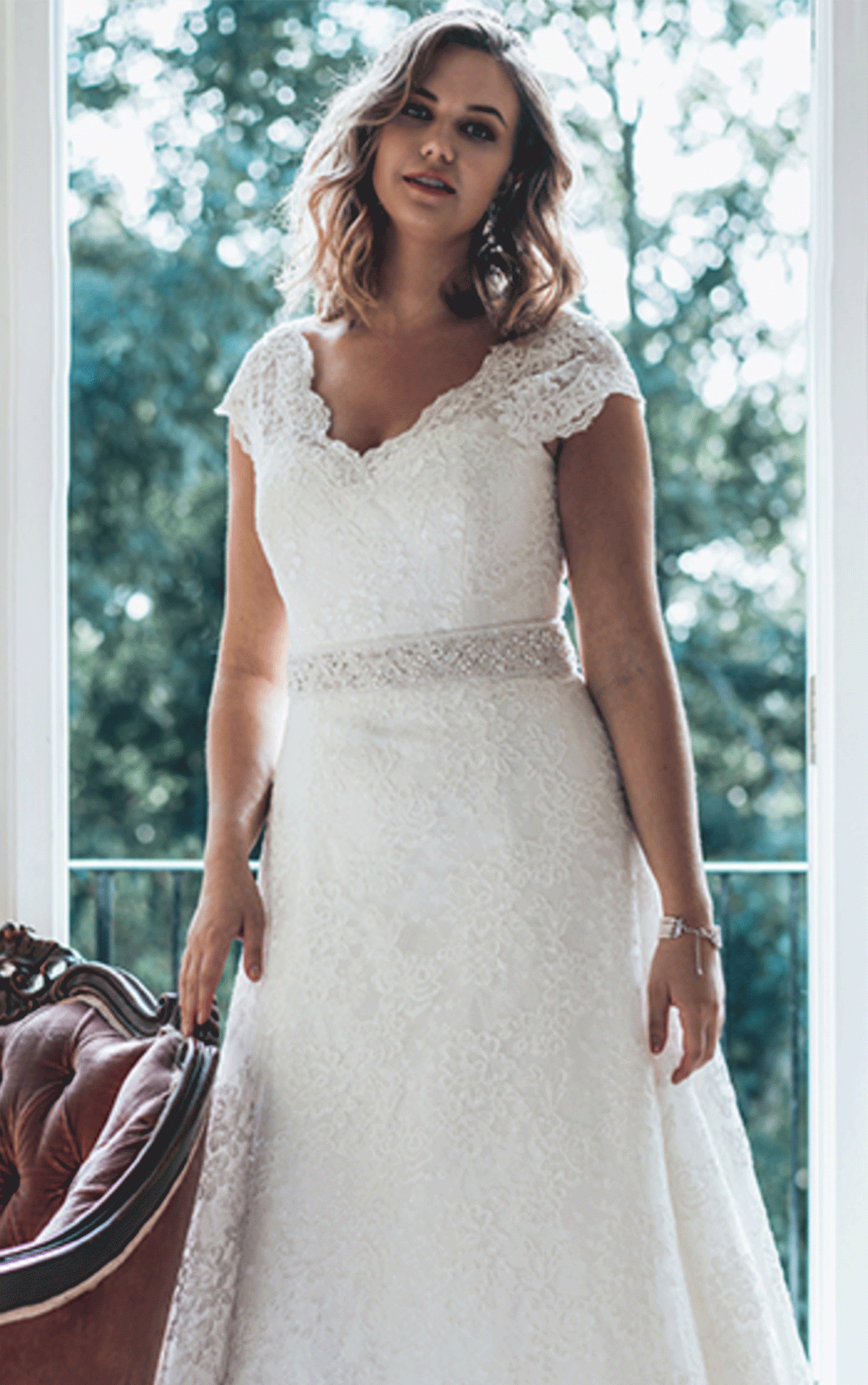 White Rose Madison May - Size 24 - Natural Lace A-line wedding dress with Cap sleeves and High back - Now on sale at Blessings Wedding Dress  Boutique, Brighton. 3 Loyal Parade, Mill Rise, Westdene, Brighton. BN1 5GG T: 01273 505766 E: info@blessingsbridal.co.uk