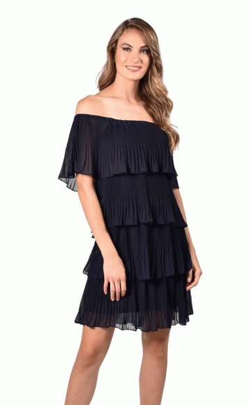 Frank Lyman 218157 -  Navy Blue dress with short  tiered hem. Now on sale at The Blessings Occasion Wear shop 1, Loyal parade, Mill Rise, Westdene, Brighton BN1 5GG. T: 01273 505766 E: info@blessingsbridal.co.uk