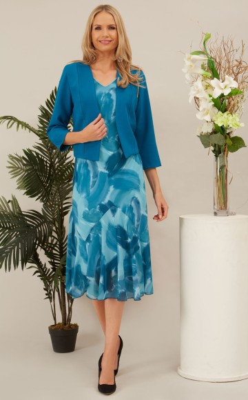 Glitz 1160  Beautiful Teal Print floaty Chiffon dress with jacket- Perfect occasion, Informal wedding & Lady Guest Dresses at Occasions at Blessings, 1 Loyal Parade, Mill Rise, Westdene, Brighton. E.Sussex BN1 5GG  - Free Easy Parkings T: 01273 505766 E: info@blessingsbridal.co.uk