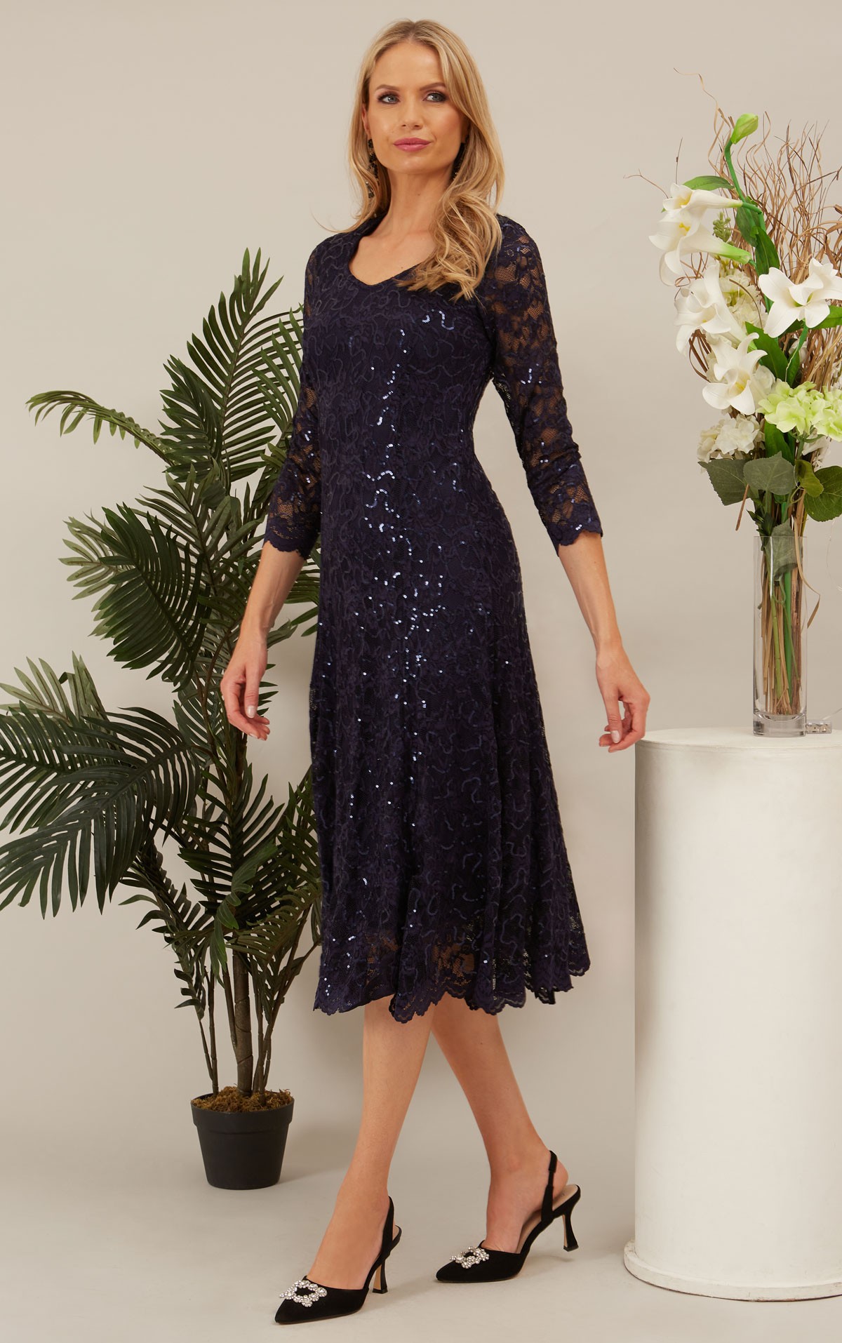 Glitz - 1163 Size 14 & 22 - Glitz 1163  Beautiful Navy beaded stretch lace  dress with sleeves- Perfect occasion, Informal wedding & Lady Guest Dresses at Occasions at Blessings, 1 Loyal Parade, Mill Rise, Westdene, Brighton. E.Sussex BN1 5GG  - Free Easy Parkings T: 01273 505766 E: info@blessingsbridal.co.uk