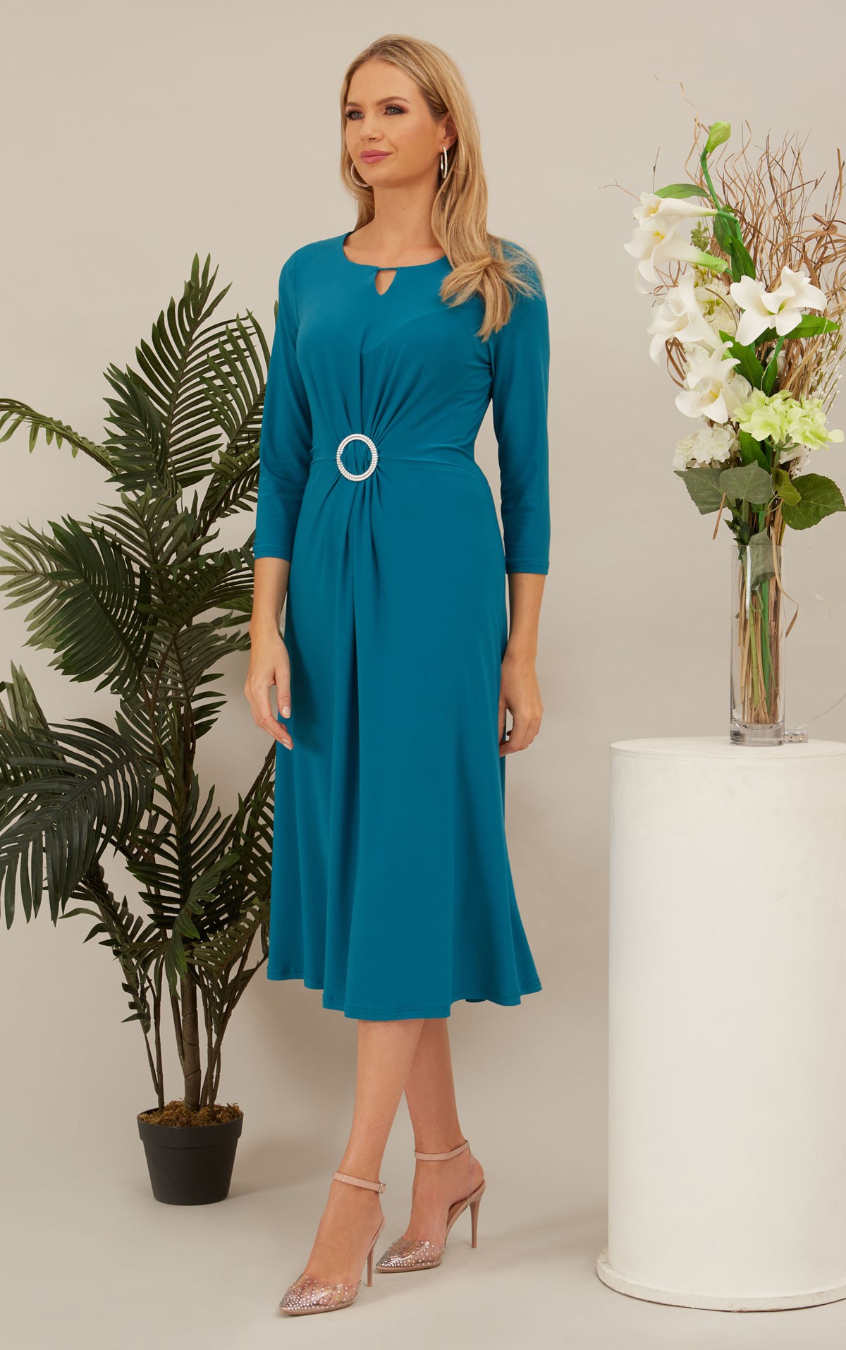 Glitz - 1244 Size 14 & 18 - Glitz 1244 Beautiful Teal Jersey dress with sleeves- Perfect occasion, Informal wedding & Lady Guest Dresses at Occasions at Blessings, 1 Loyal Parade, Mill Rise, Westdene, Brighton. E.Sussex BN1 5GG  - Free Easy Parkings T: 01273 505766 E: info@blessingsbridal.co.uk