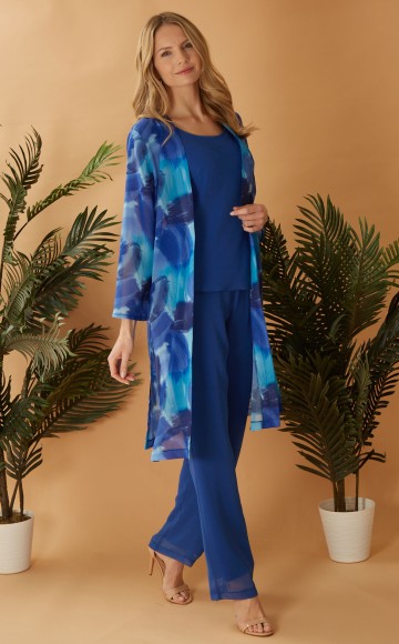 Glitz 9985 Beautiful Royal Blue Jersey trouser suit with 3/4 length Chiffon print coat - Perfect occasion Informal wedding & Lady Guest Dresses at Occasions at Blessings, 1 Loyal Parade, Mill Rise, Westdene, Brighton. E.Sussex BN1 5GG  - Free Easy Parkings T: 01273 505766 E: info@blessingsbridal.co.uk
