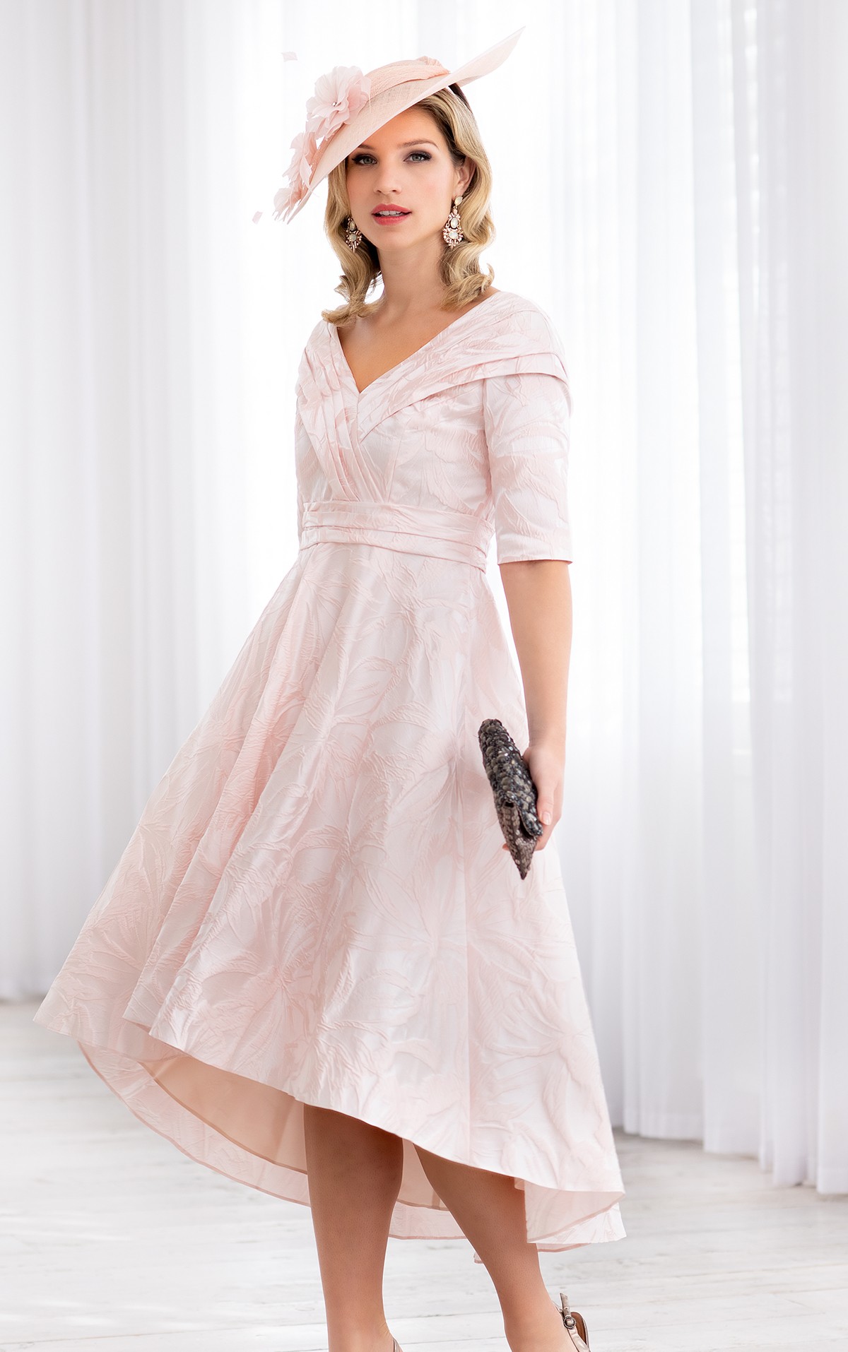 Ispirato ISH808 - Size 14 - Ispirato ISH808  Pale Pearl Pink Aline dress  with fitted pleated bodice with V  neckline  & 3/4 length sleeves  - Brighton's leading stockist for Mother of the Bride, Mother of the Groom & lady guest outfits - Occasions at Blessings 1 Loyal Parade, Mill rIse, Westdene,  Brighton. East Sussex BN1 5GG T: 01273 505766 E:occasions@blessingsbridal.co.uk