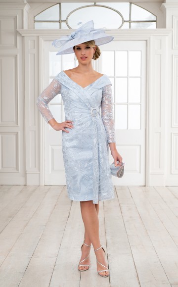 Ispirato ISH814  fitted Lace portrait neckline  dress with sleeves - Brighton's leading stockist for Mother of the Bride, Mother of the Groom & lady guest outfits - Occasions at Blessings 1 Loyal Parade, Mill rIse, Westdene,  Brighton. East Sussex BN1 5GG T: 01273 505766 E:occasions@blessingsbridal.co.uk