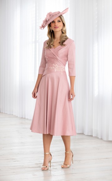 Ispirato ISH822  Rose pink Taffeta dress with fitted ruched bodice with V  neckline  & 3/4 length sleeves & A line skirt - Brighton's leading stockist for Mother of the Bride, Mother of the Groom & lady guest outfits - Occasions at Blessings 1 Loyal Parade, Mill rIse, Westdene,  Brighton. East Sussex BN1 5GG T: 01273 505766 E:occasions@blessingsbridal.co.uk