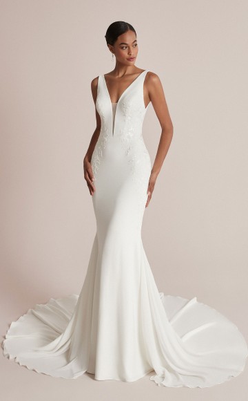 Justin Alexander 88202 Cora, Crepe fit and flare wedding dress with V neck and straps.  Justin Alexander dresses at Blessings Bridal Boutique Brighton. East Sussex BN1 5GG Telephone: 01273 505766 Email:info@blessingsbridal.co.uk