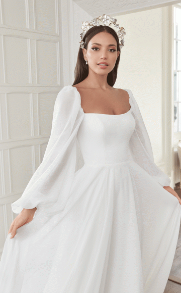 Justin Alexander 44360 - From the Sincerity collection this beautiful ethereal design with chiffon sleeves and gentle A-line skirt is a pure classic - Modern & simple wedding dress designs at Blessings of Brighton - Loyal Parade, Mill Rise, Westdene, Brighton BN1 5GG T:01273 505766 E:info@blessingsbridal.co.uk