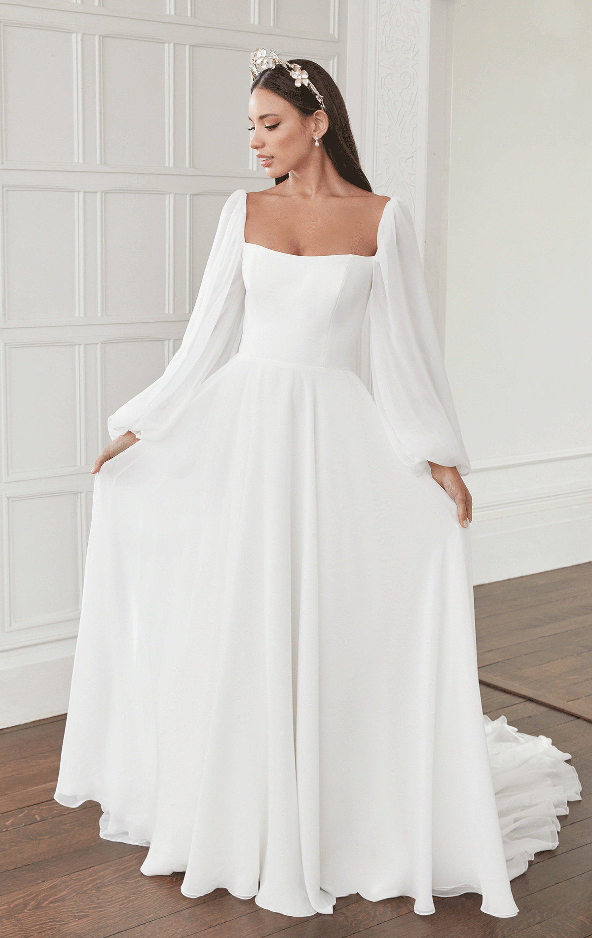 44360 - Eden - Justin Alexander 44360 - From the Sincerity collection this beautiful ethereal design with chiffon sleeves and gentle A-line skirt is a pure classic - Modern & simple wedding dress designs at Blessings of Brighton - Loyal Parade, Mill Rise, Westdene, Brighton BN1 5GG T:01273 505766 E:info@blessingsbridal.co.uk