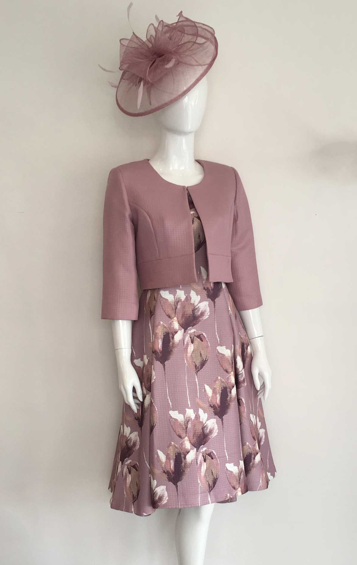 2447 - Size 8 - Ella Boo 2447/1647 Hi Low Rose Print Dress with Cap sleeves & contemporary jacket with 3/4 length sleeves at Blessings Occasion Wear Boutique, Brighton, East Sussex. BN1 5GG. Telephone: 01273 505766