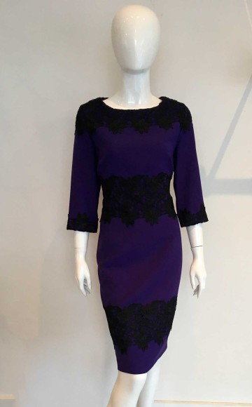 Lizabella 2121 Purple Crepe dress with black lace accents. Blessings Occasion Dress shop - Loyal Parade, Mill Rise, Westdene, Brighton. East Sussex. BN1 5GG T: 01273 505766 E:info@blessingsbridal.co.uk