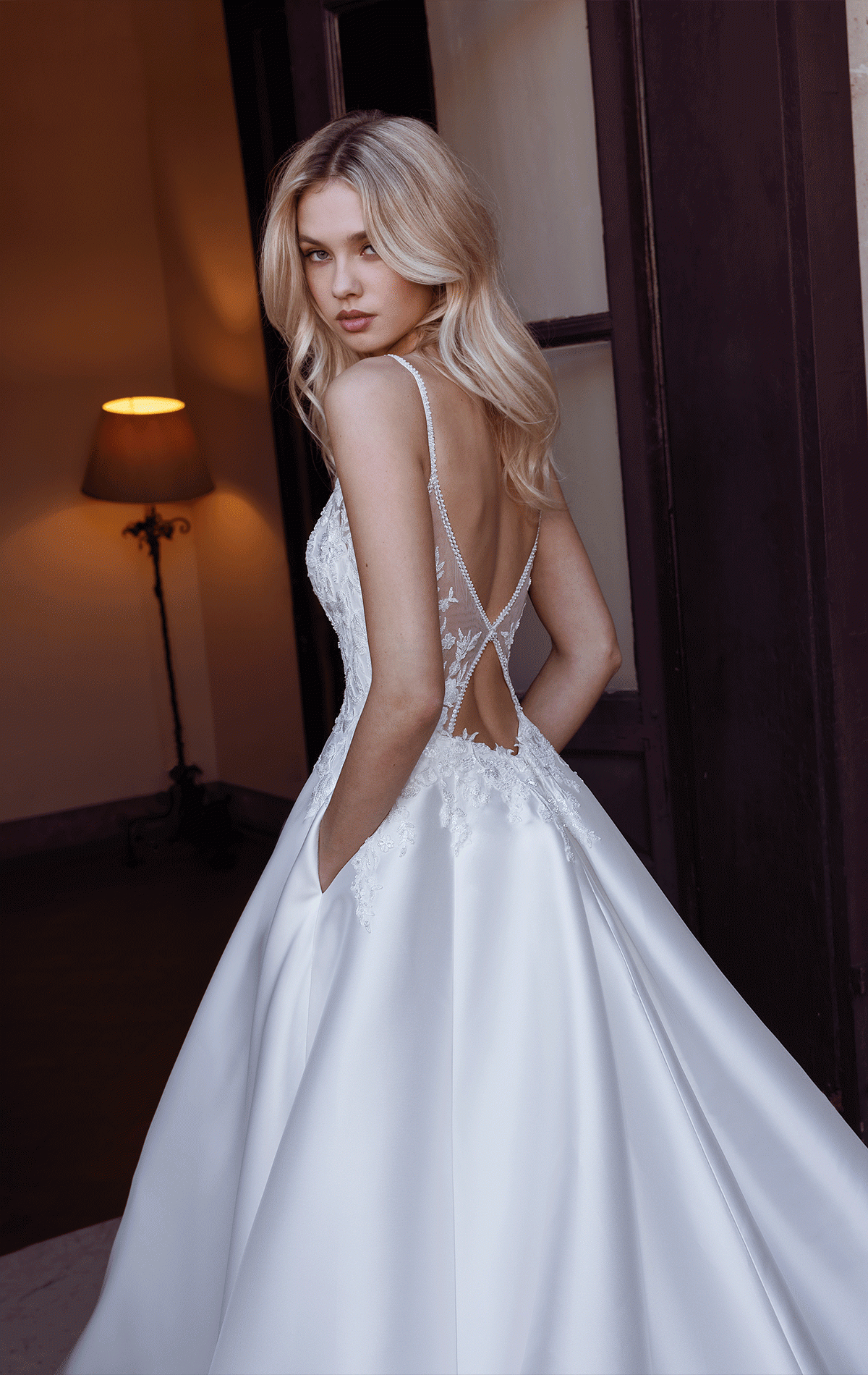 River - SOLD - Modeca River - Mikado A-line wedding dress with beaded Spaghetti straps - at Blessings Wedding & Occasion Dress Boutique, Brighton. East Sussex. BN1 5GG T: 01273 505766 E: info@blessingsbridal.co.uk