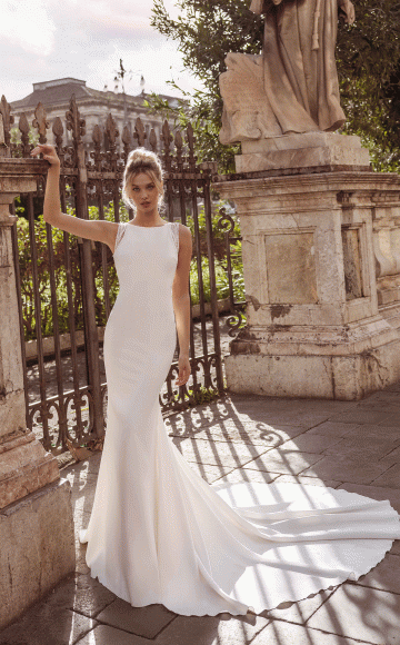 Modeca Ruth, Simple crepe wedding dress with butterfly back- Now on sale at Blessings Wedding & Occasion Dress Boutique, Brighton, East Sussex. BN1 5GG T: 01273 505766 E: info@blessingsbridal.co.uk