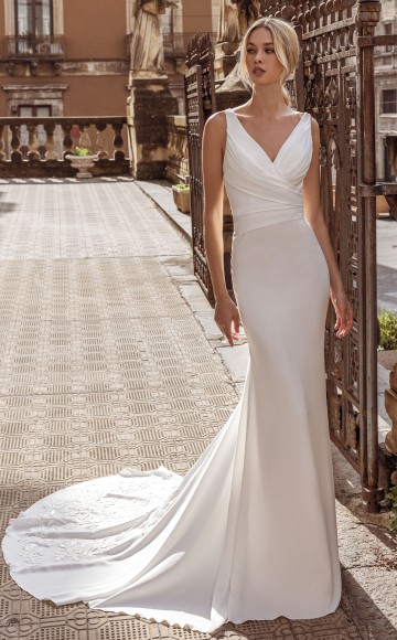 Modeca #Rosario - simple crepe wedding dress with V neckline & tattoo lace back - Blessings Bridal Boutique, Westdene, Brighton. East Sussex. BN1 5GG T: 01273 505766 E: info@blessingsbridal.co.uk