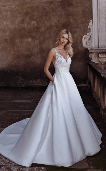 Modeca River - Mikado A-line wedding dress with beaded Spaghetti straps - at Blessings Wedding & Occasion Dress Boutique, Brighton. East Sussex. BN1 5GG T: 01273 505766 E: info@blessingsbridal.co.uk