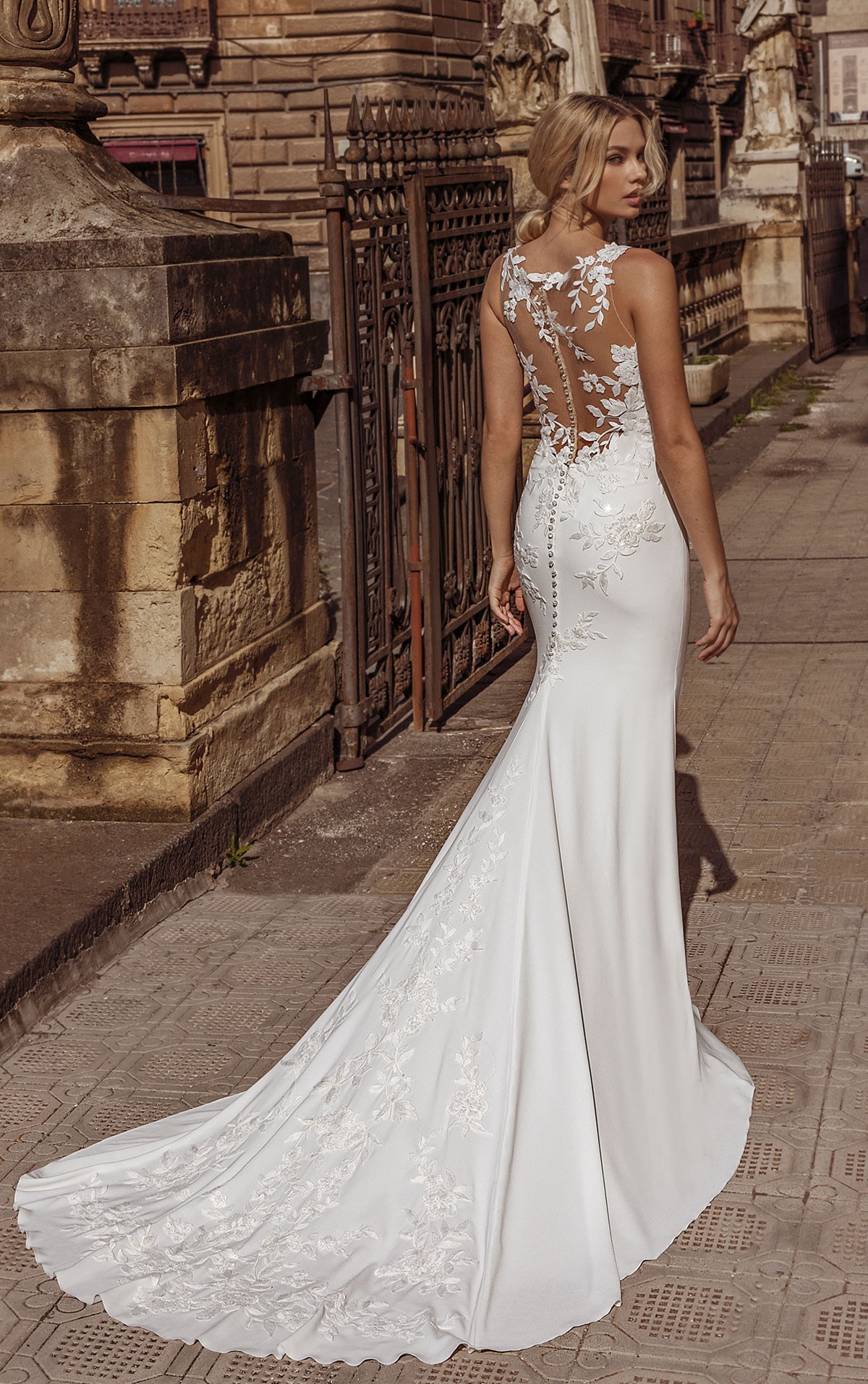 Rosario - Size 16 - Modeca #Rosario - simple crepe wedding dress with V neckline & tattoo lace back - Blessings Bridal Boutique, Westdene, Brighton. East Sussex. BN1 5GG T: 01273 505766 E: info@blessingsbridal.co.uk