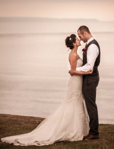 Eva wore a fit and flare wedding dress by Sincerity Bridal
