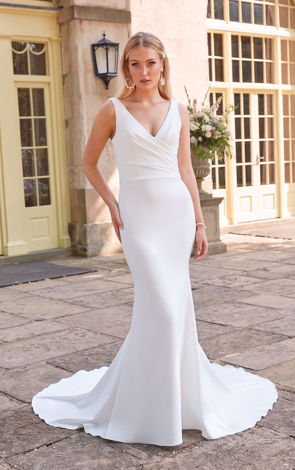 44325 - Anya Size 12 - Justin Alexander -  Sincerity Bridal Elegant Crepe dress with V neckline and pleated bodice with plain fitted skirt. Elegant and Simple bridal designs at Blessings Bridal Shop Loyal Parade, Mill Rise, Westdene, Brighton. East Sussex. BN1 5GG T: 01273 505766 E: info@blessingsbridal.co.uk