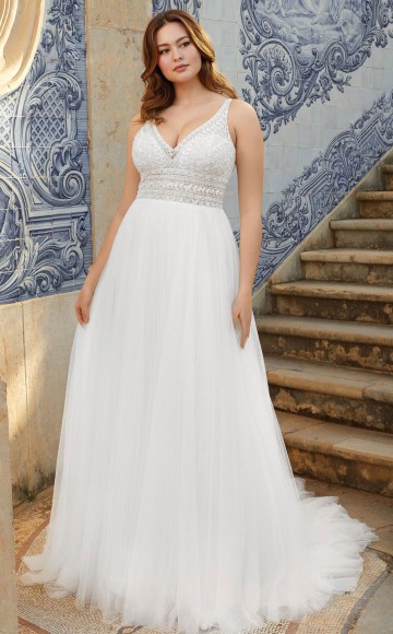 Sincerity Bridal by Justin Alexander - 44120 Intricate beaded V neck bodice with straps & French tulle Aline skirt. Part of the Plus size wedding dress collection at Blessings Bridal shop Brighton - 3 Loyal Parade, Mill Rise, Westdene, Brighton. E. Sussex ~BN1 5GG T: 01273 505766 E: info@blessingsbridal.co.uk