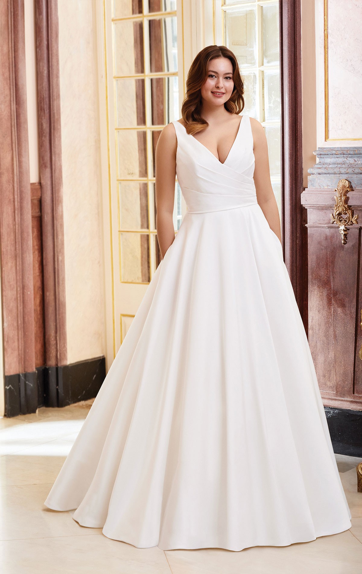 44080 - Dior - Justin Alexander Sincerity Bridal 44080, Simple Mikado Ball Gown Wedding Dress with pockets. Plus size wedding dress at Blessings Bridal Boutique, Brighton E. Sussex BN1 5GG Telephone: 01273 505766