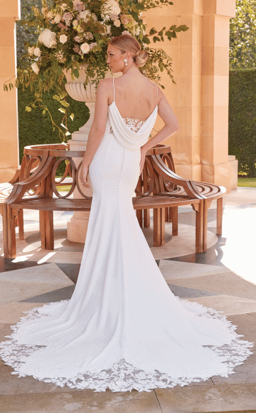 Justin Alexander -  Sincerity Bridal 44322 Fitted Crepe dress with lace detail, spaghetti straps & lace insert Cathedral train.. Classical bridal designs at Blessings Bridal Shop Loyal Parade, Mill Rise, Westdene, Brighton. East Sussex. BN1 5GG T: 01273 505766 E: info@blessingsbridal.co.uk