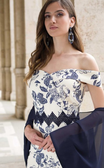 Michaela Louisa 9032, Navy & Cream Floral print dress with Off the shoulder neckline.  Spring/ Summer Collection at The Blessings Occasion Wear Shop - 1 Loyal Parade, Mill Rise, Westdene, Brighton. E. Sussex BN1 5GG. Telephone: 01273 505766.