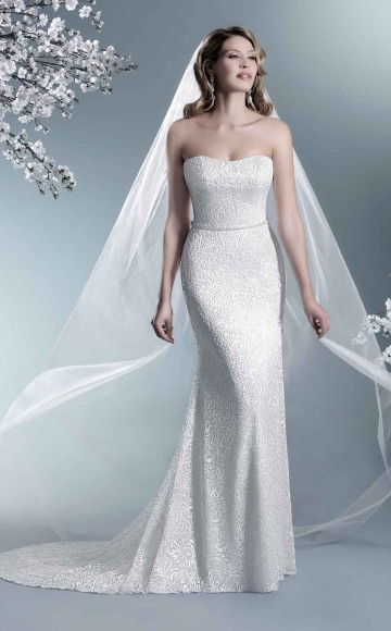By Agnes Bridal The One, Beautiful Ivory Devore lace over Champagne, Strapless neckline fitted dress with crystal beadwork at the waist. Size 14 sample Now on sale at Blessings Wedding Dress Sample Sale Brighton. BN1 5GG. Telephone: 01273 505766