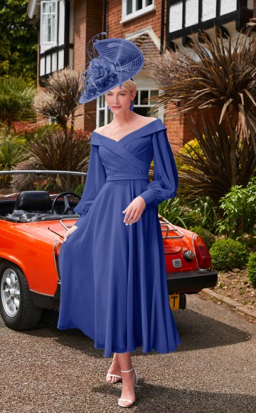 Veni Infantino 29677 - Royal Blue Chiffon dress with Off the shoulder neckline & sleeves Mother of the Bride & groom dresses Now on Sale at Occasions at Blessings Loyal Parade, Mill Rise, Westdene, Brighton. BN1 5GG T: 01273 505766 E: info@blessingsbridal.co.uk