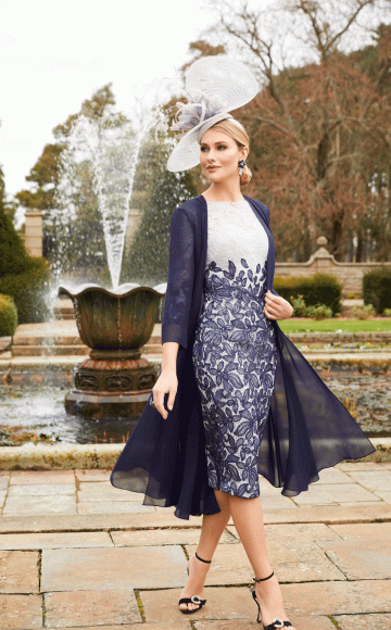 Veni Infantino 991903 Navy & Silver  fitted lace dress with 3/4 length sleeves & Chiffon coat - Stunning Mother of the Bride & Mother of the Groom dresses at Occasions by Blessings, Loyal Parade, Mill Rise, Westdene, Brighton. East Sussex BN1 5GG T: 01273 505766 E: Occasions@blessingsbridal.co.uk