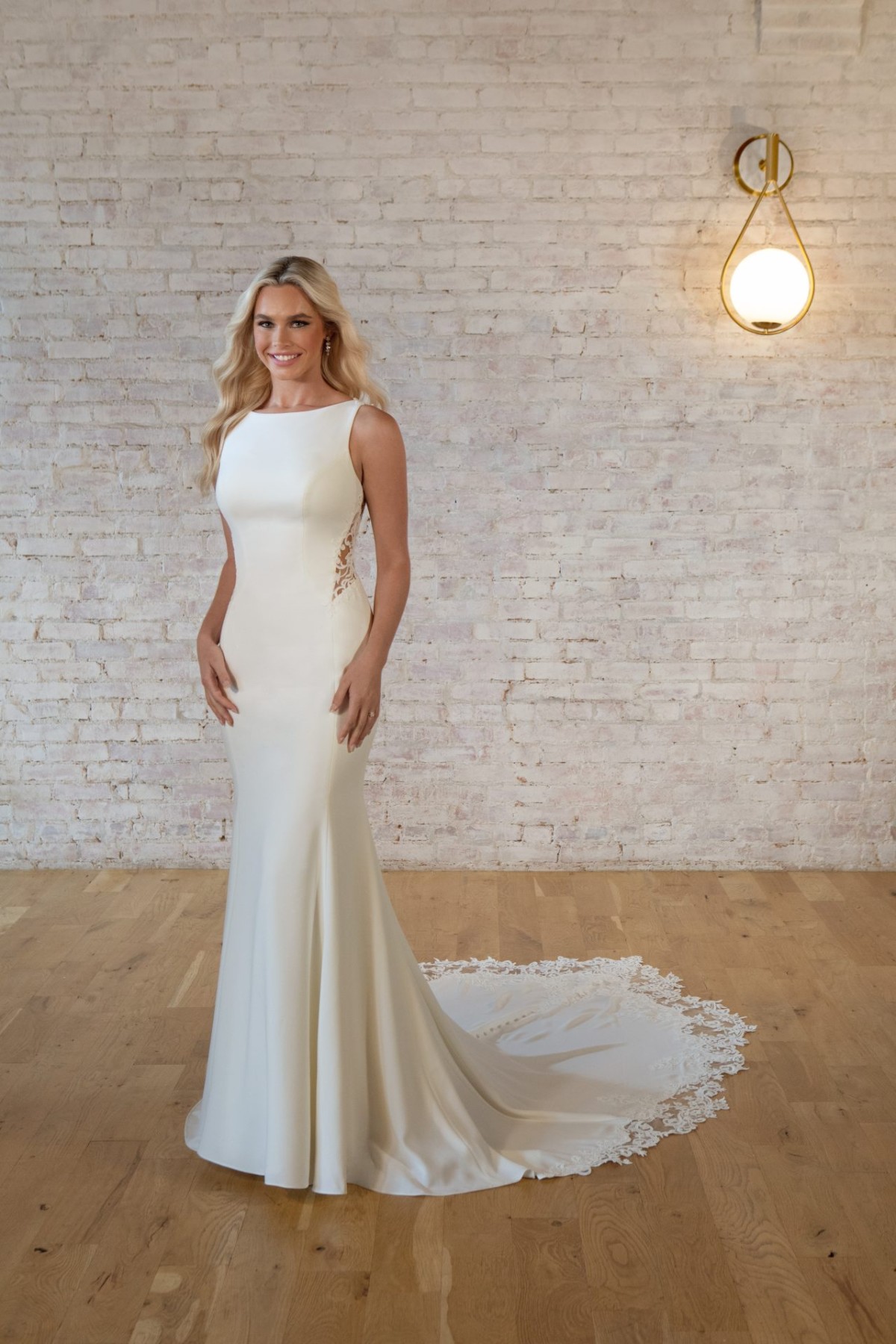 7664 - Harper - Stella York 7664, Simple Crepe fitted Wedding Dress - Modern & minimalist  Bridal Designs  by Stella York in store at Blessings Bridal Boutique - Loyal Parade, Mill Rise Westdene, Brighton. BN1 5GG T: 01273 505766 E: info@blessingsbridal.co.uk